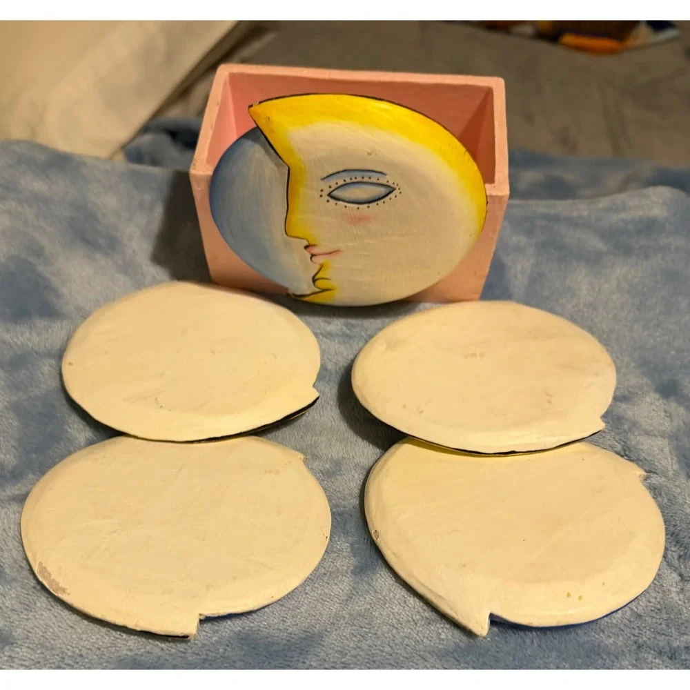 Vintage Celestial Moon Face Coaster Set with Pink Wooden Holder Hand Painted 5pc